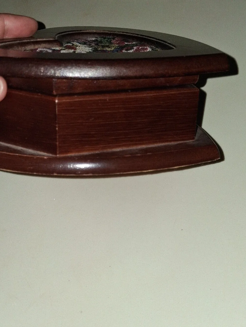 Vintage Heart-Shaped Wood Jewelry Box with Floral Fabric Inset - Brown